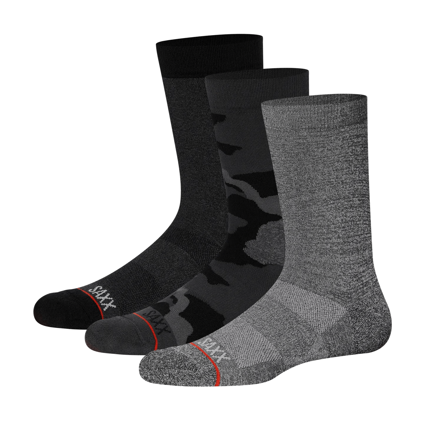 SAXX "The Whole Package" Black, Graphite & Camo Crew Socks - 3-Pack - SXCR302