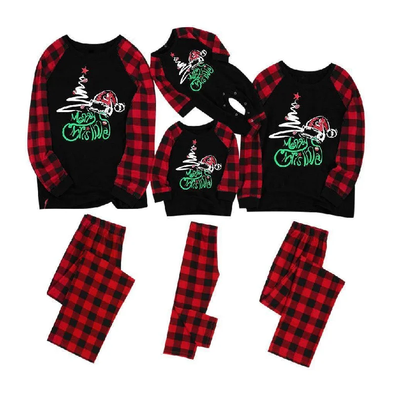 Christmas Family Matching Sleepwear Pajamas Sets red tree Top and Red Plaid Pants