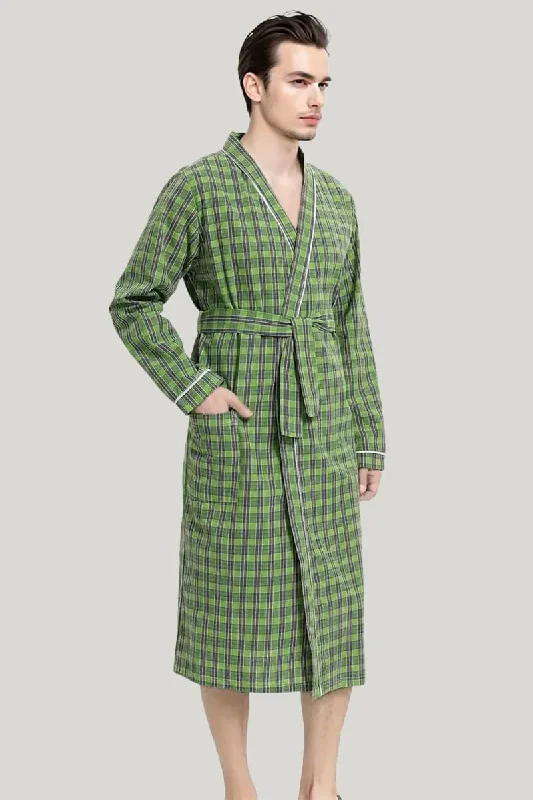 Comfortable And Breathable Men'S  Checkered Robe, Slim Sleepwear With Tie Waist And Pockets