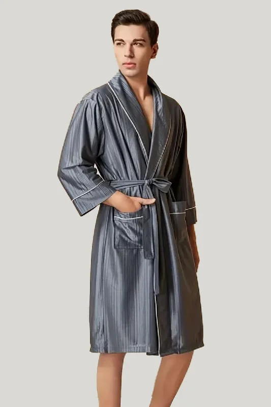 Comfortable And Breathable Men'S Piping Robe, Classic Solid Color Sleepwear With Tie Waist