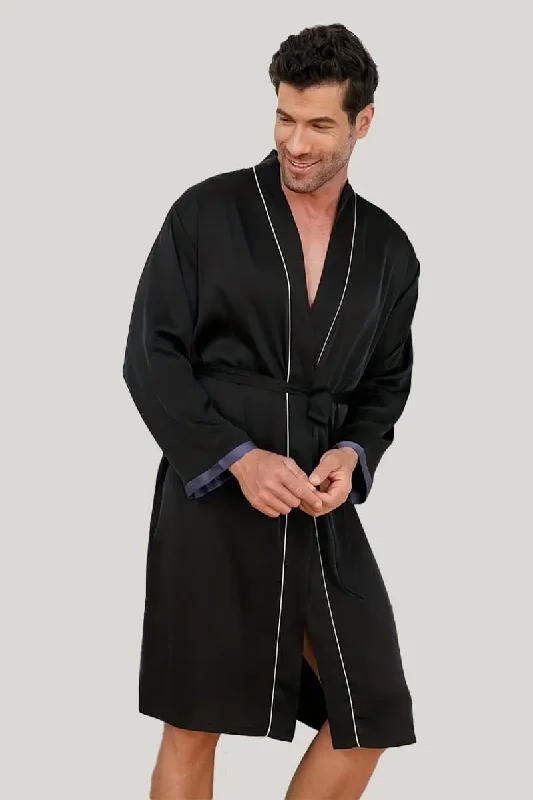 Comfortable And Breathable Men'S Piping Robe, Classic Solid Color Sleepwear With Tie Waist