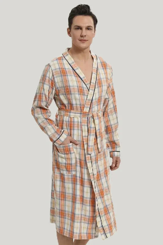 Comfortable And Casual Pure Cotton Men'S Checkered Robe, Classic Sleepwear With Tie Waist And Pockets