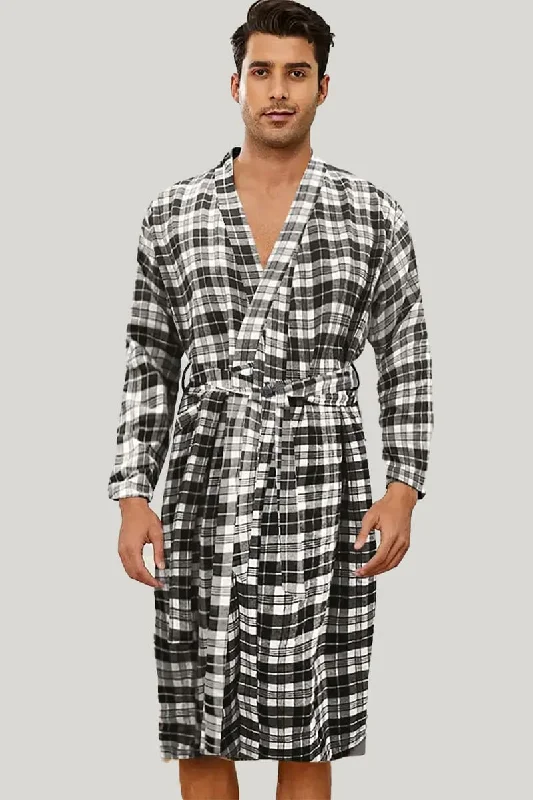 Comfortable And Casual Pure Cotton Men'S Checkered Robe, Classic Sleepwear With Tie Waist And Pockets