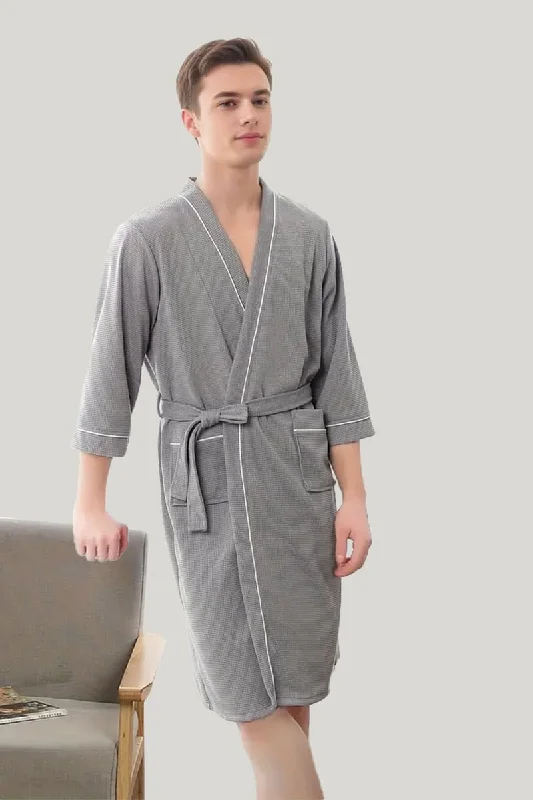 Comfortable Men'S Waffle Three-Quarter Sleeves Robe, Classic Solid Sleepwear With Tie Waist