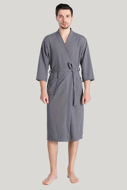 Comfortable Men'S Waffle Three-Quarter Sleeves Robe, Classic Solid Sleepwear With Tie Waist