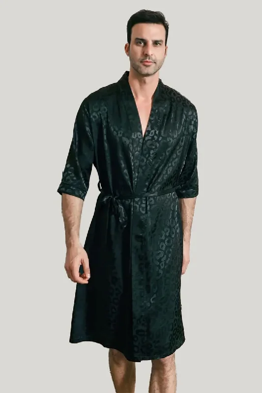 Comfortable Suitable For Men'S Three-Quarter Sleeves Robe, Classic Solid Color Sleepwear With Tie Waist