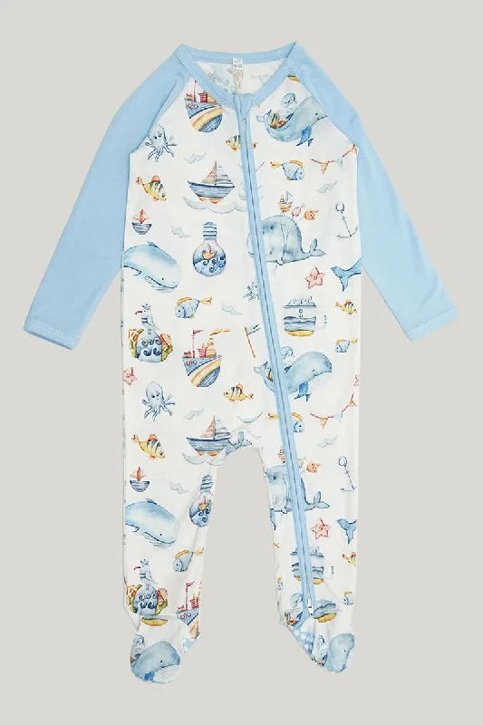 Custom Baby Long-Sleeved Long Pants Sleepsuits With Whale Pattern, Toddler Two-Way Zipper Sleepsuits With Feet Wholesaler-2316340086