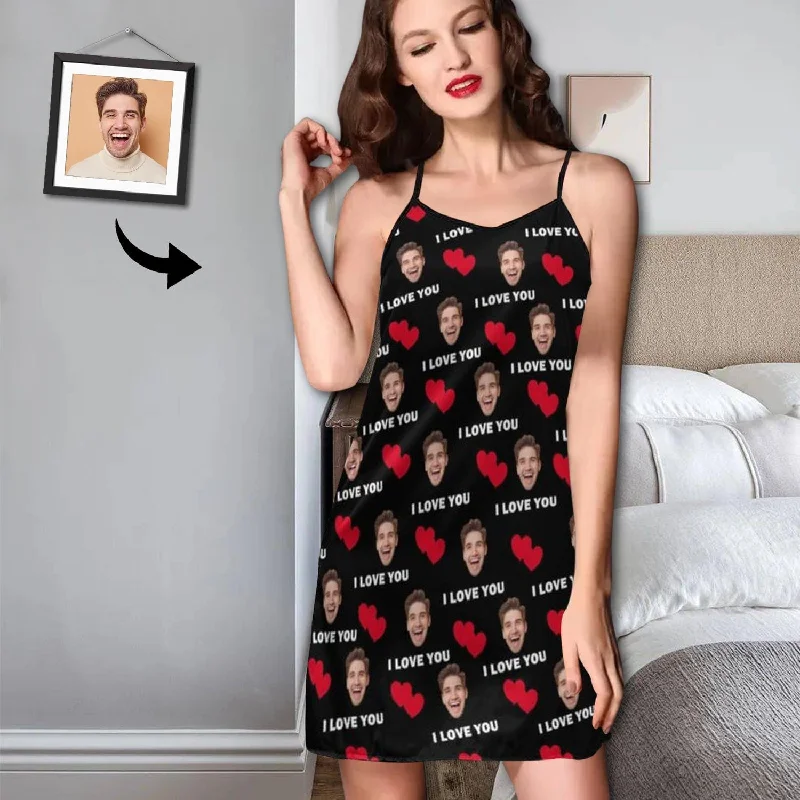 Custom Face Husband Red Heart Black Background Nightgown for Women Loose Sleepwear V Neck Pajama Dress Soft Nightshirt Sleeveless Nightdress Chemise