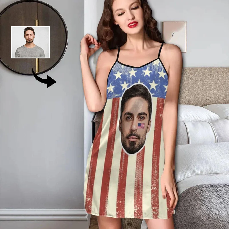 Custom Husband Face Sleeveless Nightshirt for Women With US Flag Loose Sleepwear V Neck Pajama Dress Soft Nightdress Chemise