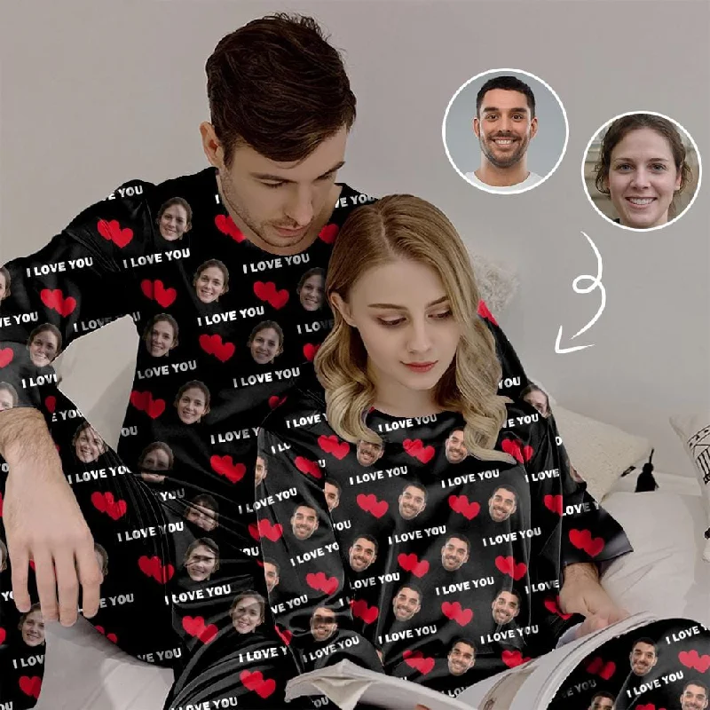 Custom Face Black Couple Matching Pajamas I Love You Sleepwear Sets Funny Long Sleeve Nightwear