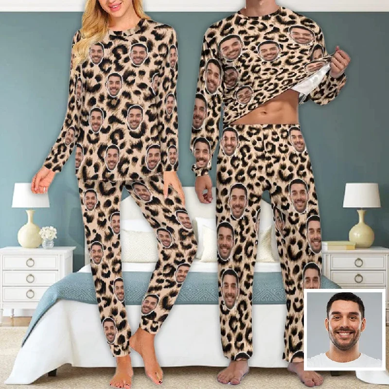 Custom Face Leopard Men's Pajamas Personalized Photo Sleepwear Sets Funny Nightwear for Him