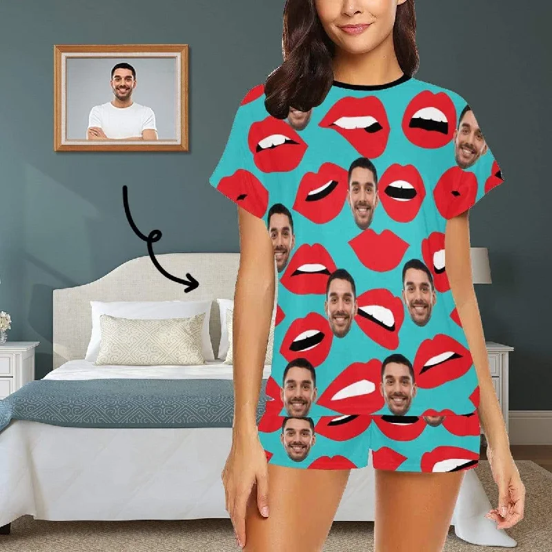 Custom Face Pajamas Green Background Sleepwear Personalized Lips Women's Short Pajama Set