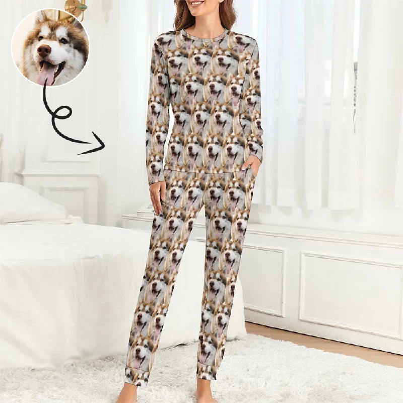 Custom Face Pajamas My Lovely Dog Seamless Sleepwear Personalized Women's Crewneck Long Pajamas Set