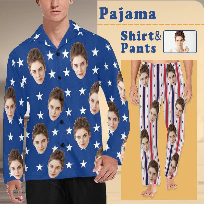 Pajama Shirt&Pajama Pants-Custom Face Pajamas USA Flag Men's Sleepwear Personalized Photo Men's V-Neck Long Sleeve Pajama Set