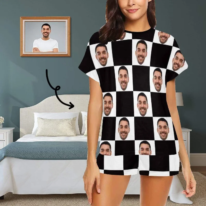 Custom Face Pajamas White&Black Grid Sleepwear Personalised Ladies Short Pajama Set