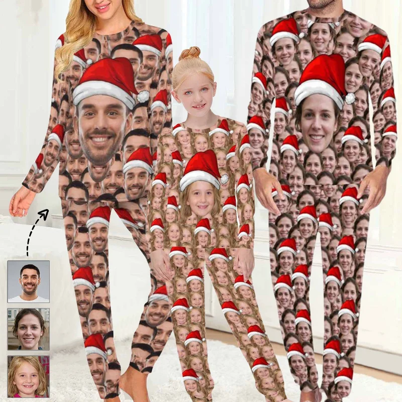 Custom Face Seamless Christmas Hat Sleepwear Personalized Family Slumber Party Matching Long Sleeve Pajamas Set