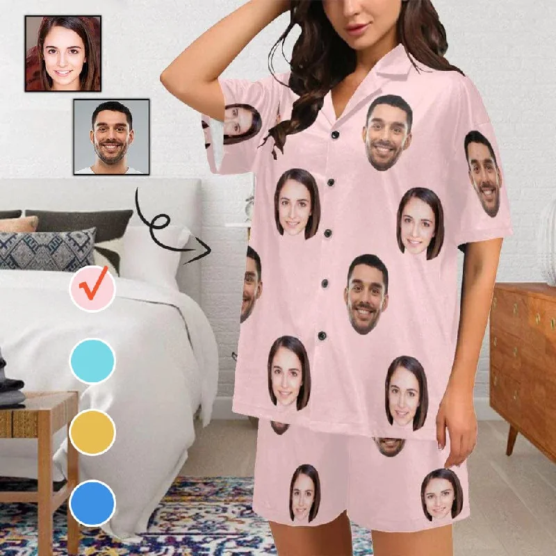 Custom Face Pajama Set Solid Color Loungewear Personalized Photo Sleepwear Women's V-Neck Short Pajama Set