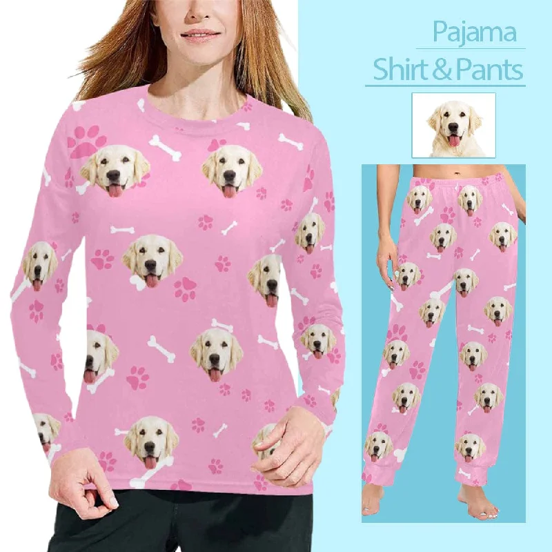 Custom Face Women's Long Pajama Shirt&Pant Personalized Pet Bone Pink Sleepwear