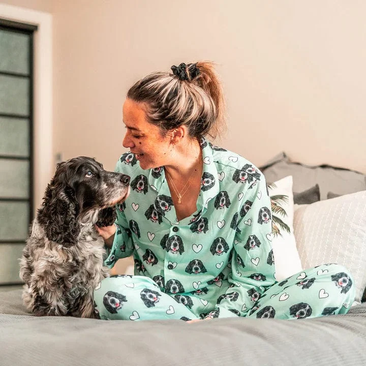 Custom Pet Face Love Heart Shape Couple Sleepwear Women's Lightweight Long Pajama Set Men's Sleepwear - Light Green