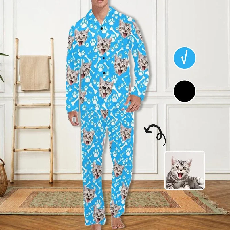 Custom Pet Face Lovely Cat Blue Black Persoanlized Sleepwear Men's Long Pajama Set