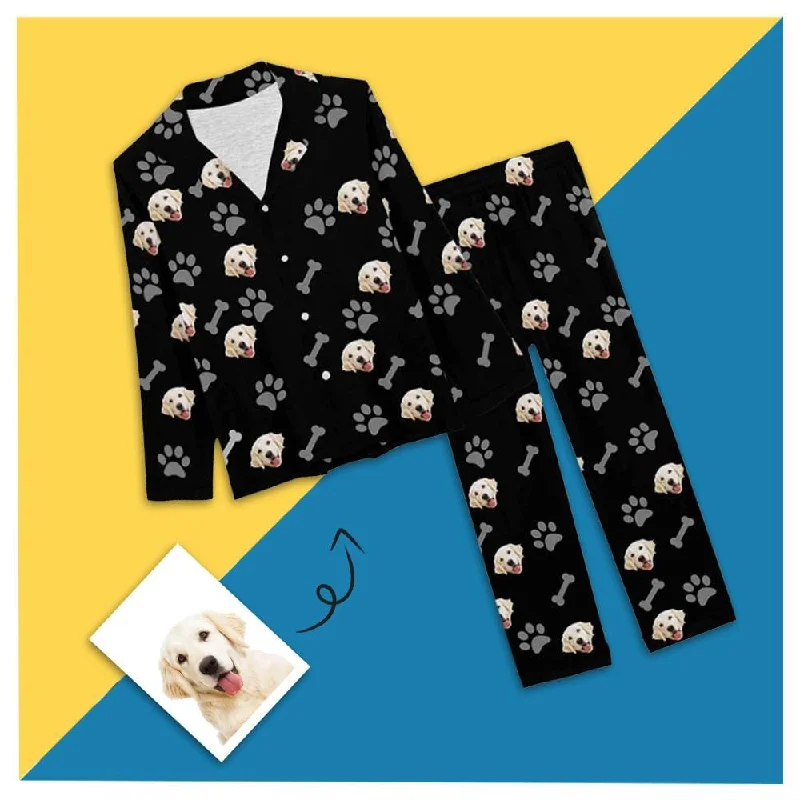 Custom Pet Face Pajamas Dog Paw Black Background Sleepwear Personalized Women's Long Pajama Set