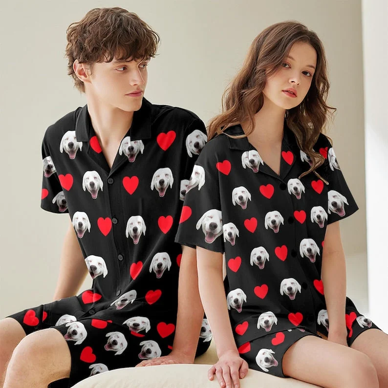 Custom Photo Pajamas,Personalized Face Short Pajama Set for Men/Women,Custom Sleepwear with Photo,Heart Couple PJs,Birthday Gift