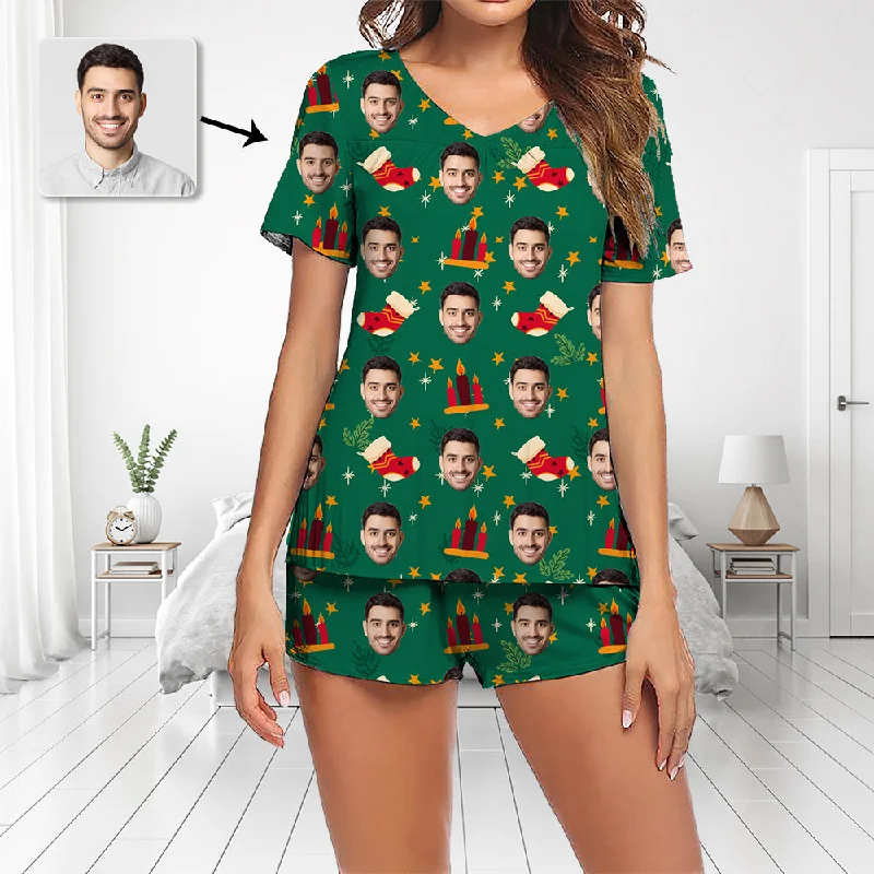 Custom Photo Pajamas Set Short Sleeve V-neck Pajama Women's Shorts Pajama Set Sleepwear Nightwear Christmas Candle