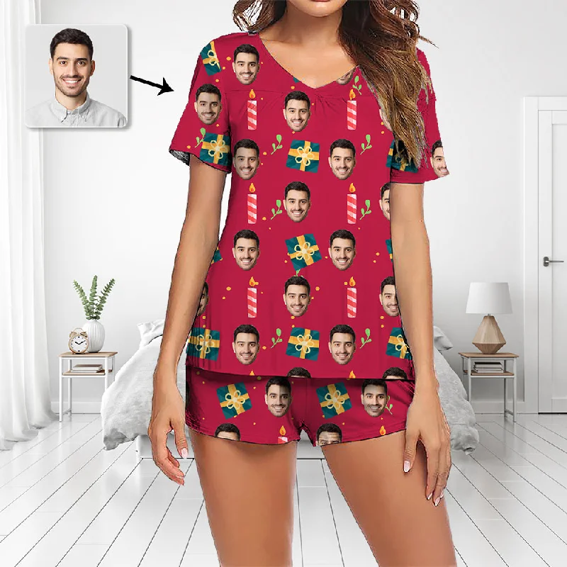 Custom Photo Pajamas Set Short Sleeve V-neck Pajama Women's Shorts Pajama Set Sleepwear Nightwear Christmas Gift For You