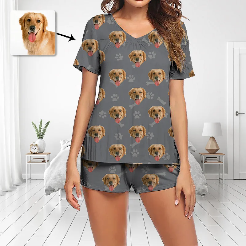 Custom Photo Pajamas Set Short Sleeve V-neck Pajama Women's Shorts Pajama Set Sleepwear Nightwear Dog Footprint With Bones