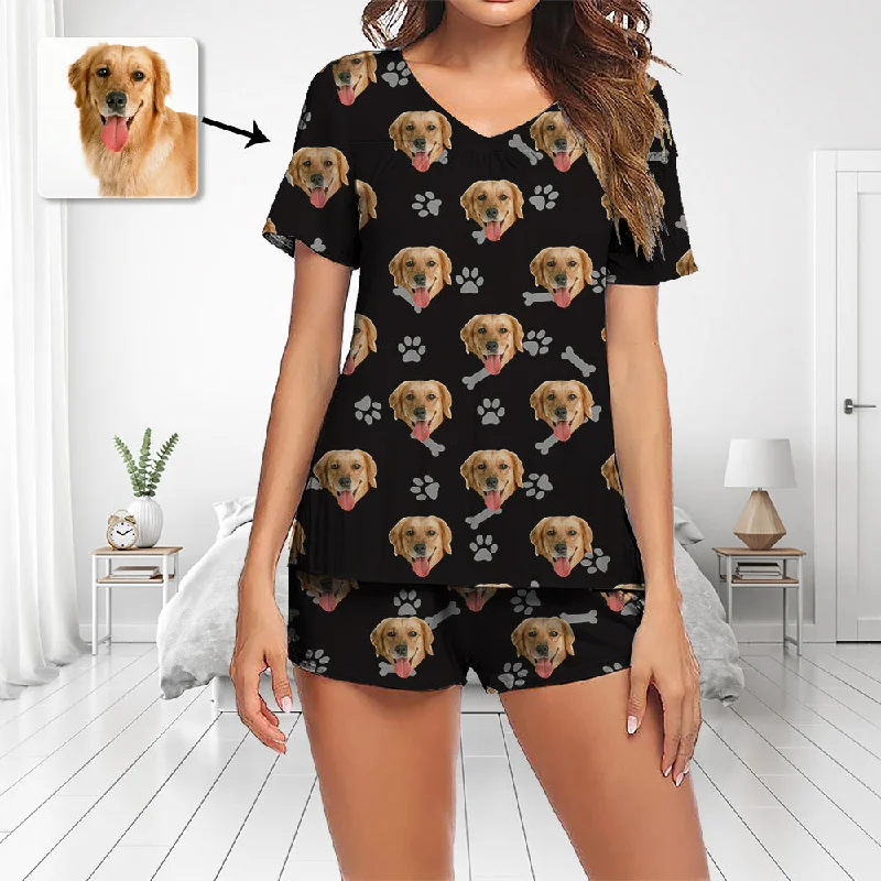 Pet Pajamas Custom Photo Pajamas Set Short Sleeve V-neck Pajama Women's Shorts Pajama Set Sleepwear Nightwear Dog Footprint Christmas Gifts