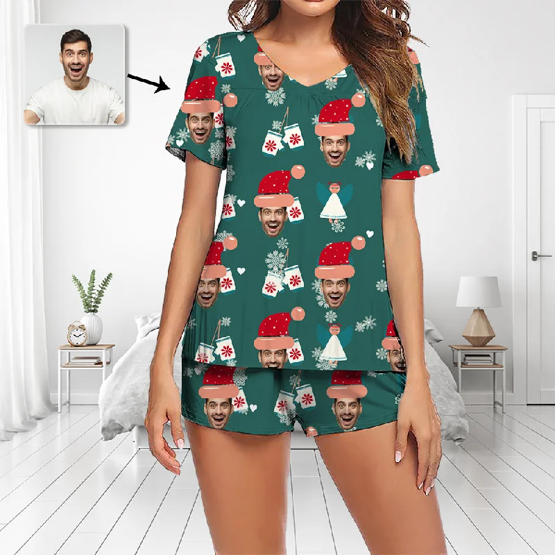 Custom Photo Pajamas Set Short Sleeve V-neck Pajama Women's Shorts Pajama Set Sleepwear Nightwear Hat And Snowflake