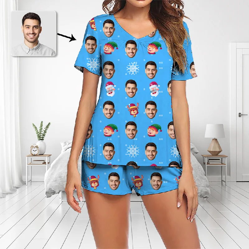 Custom Photo Pajamas Set Short Sleeve V-neck Pajama Women's Shorts Pajama Set Sleepwear Nightwear Santa And Animals