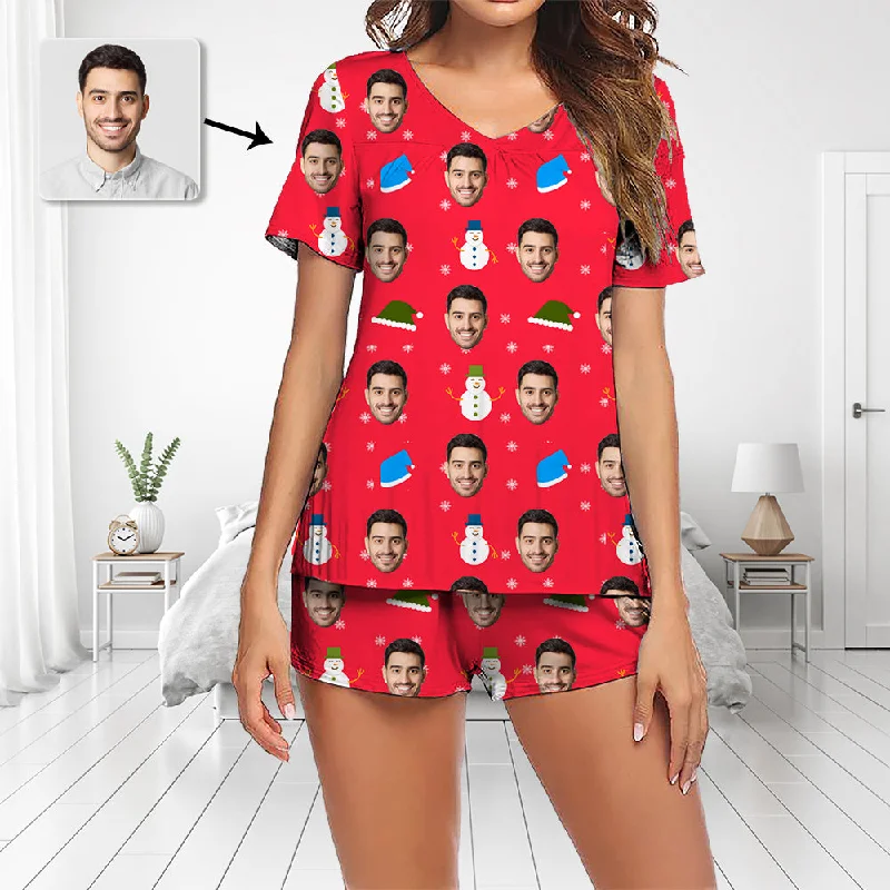 Custom Photo Pajamas Set Short Sleeve V-neck Pajama Women's Shorts Pajama Set Sleepwear Nightwear Snowman And Christmas Hat