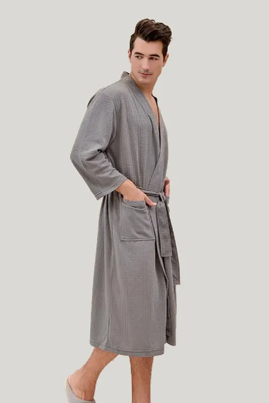 Elegant Men'S Bamboo Fiber Bathrobe, Comfortable And Breathable 3/4 Sleeve Sleepwear With Pockets