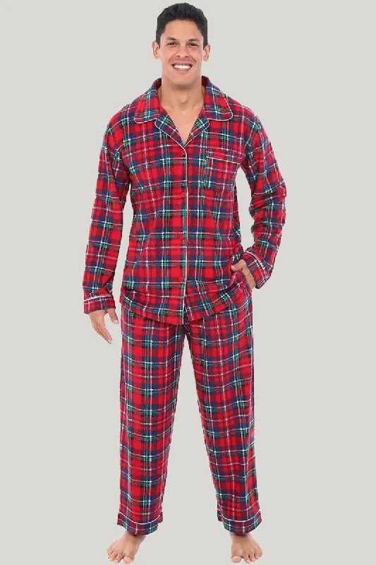 Men'S Checkered Cotton Pajama Long-Sleeved Trousers Set, Fine Workmanship Men'S Sleepwear Set With Drawstrings And Pockets