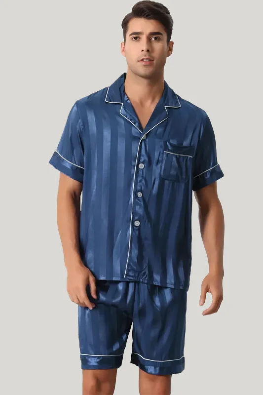 Men'S Short-Sleeved Shorts Satin Pajama Set, Striped Sleepwear Set