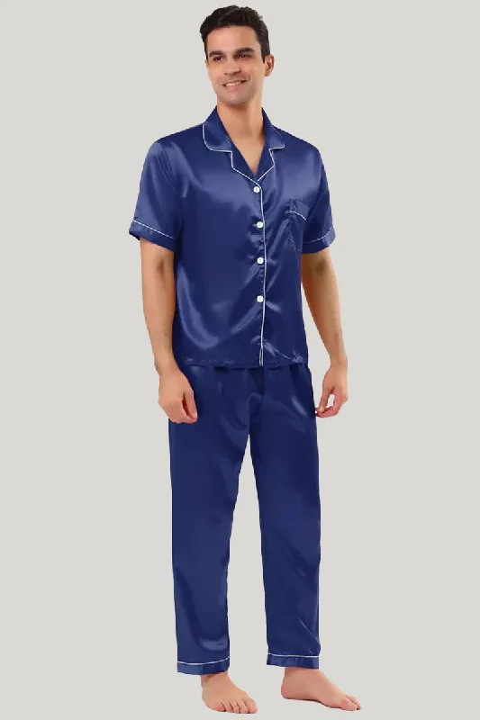 Men'S Short-Sleeved Trousers With Striped Pajamas Set, Classic Men'S Satin Sleepwear Set