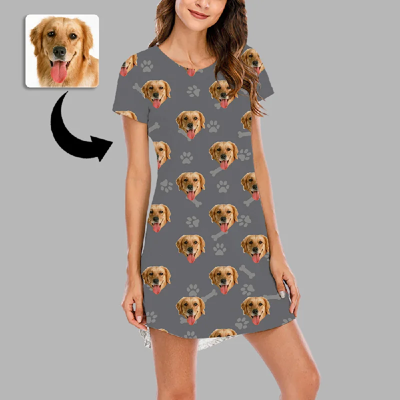 Christmas Gifts Custom Face Nightdress For Women Photo Sleepwear Custom Face Pajama Dress Soft Nightshirt Sleeveless Dog Footprint Gift For Loved One