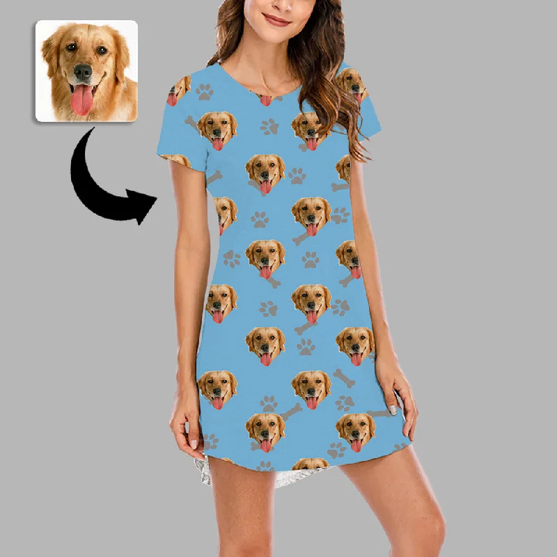 Christmas Gifts Custom Face Nightdress For Women Photo Sleepwear Custom Face Pajama Dress Soft Nightshirt Sleeveless Dog Footprint Gift For Dog Lover