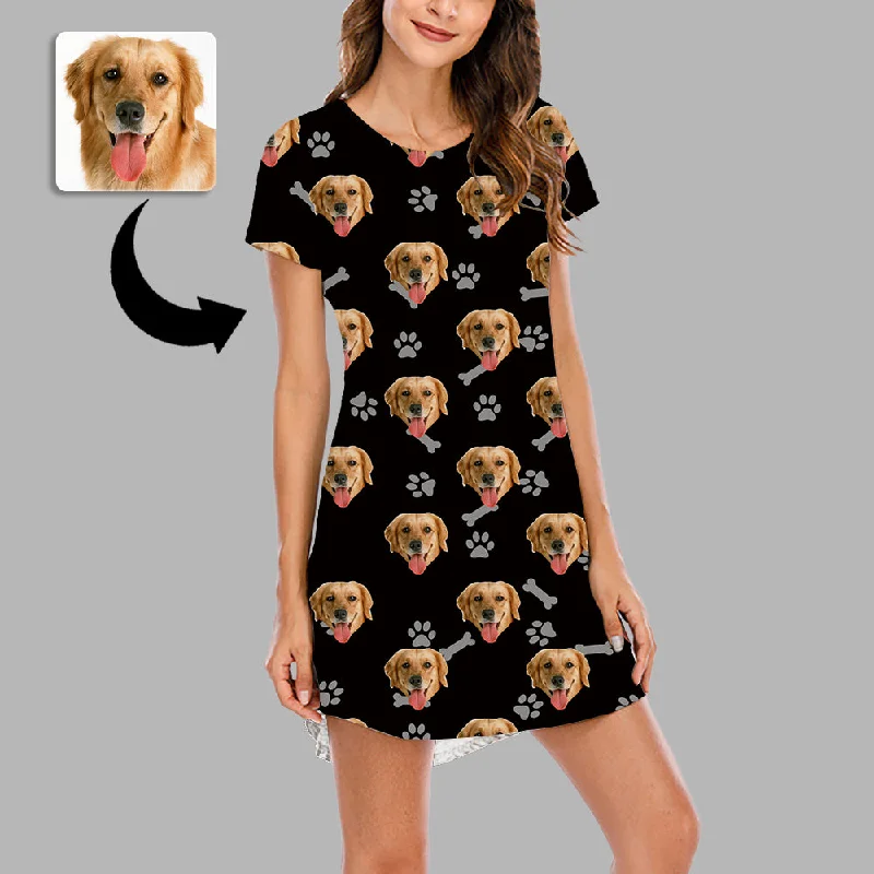 Christmas Gifts Custom Face Nightdress For Women Photo Sleepwear Custom Face Pajama Dress Soft Nightshirt Sleeveless Dog Footprint Gift For Pet Lover