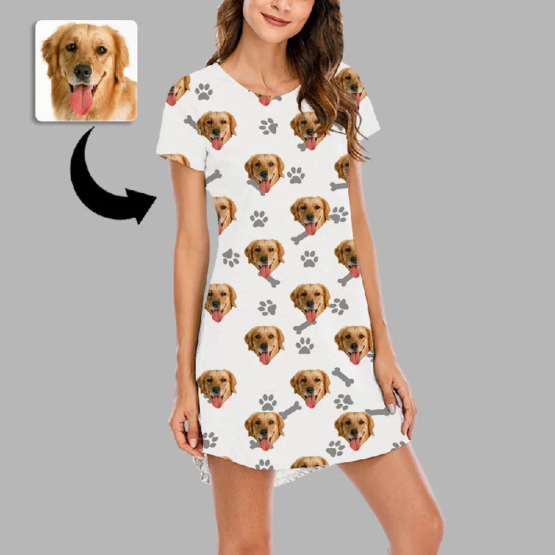 Christmas Gifts Custom Face Nightdress For Women Photo Sleepwear Custom Face Pajama Dress Soft Nightshirt Sleeveless Dog Footprint