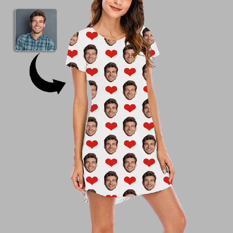 Christmas Gifts Custom Face Nightdress For Women Photo Sleepwear Custom Face Pajama Dress Soft Nightshirt Sleeveless Heart