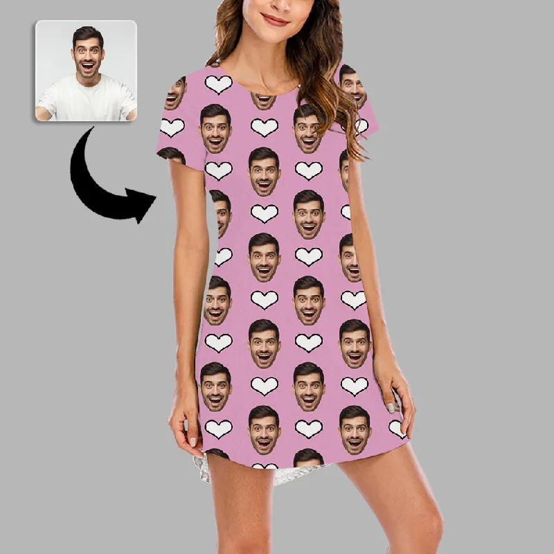 Christmas Gifts Custom Face Nightdress For Women Photo Sleepwear Custom Face Pajama Dress Soft Nightshirt Sleeveless Pink Heart