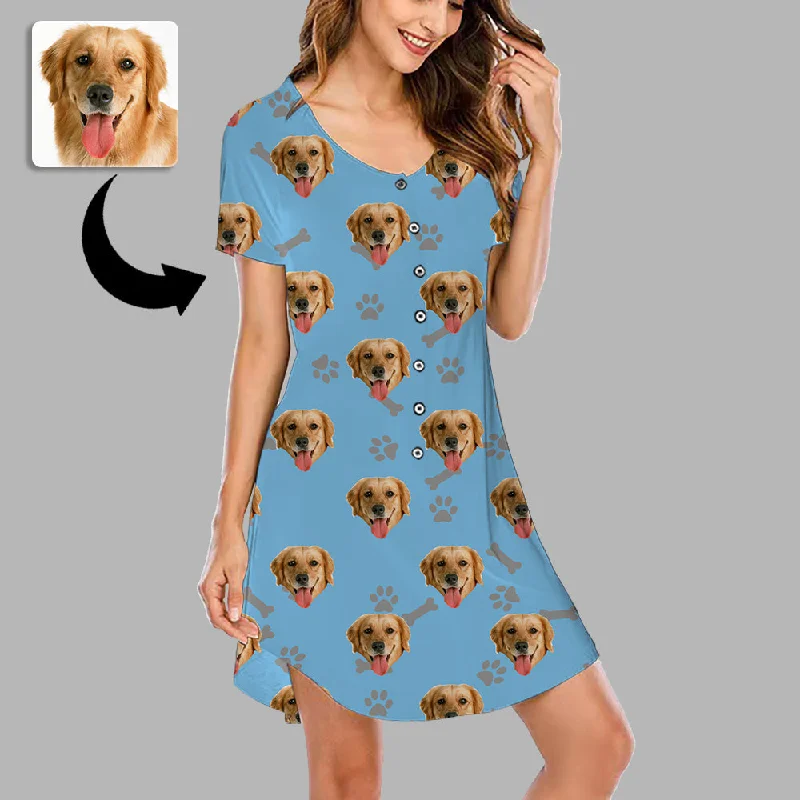 Christmas Gifts Custom Face Nightgown For Women Photo Sleepwear Custom Face Pajama Dress Soft Nightshirt Sleeveless Dog Footprint Gift For Dog Lover