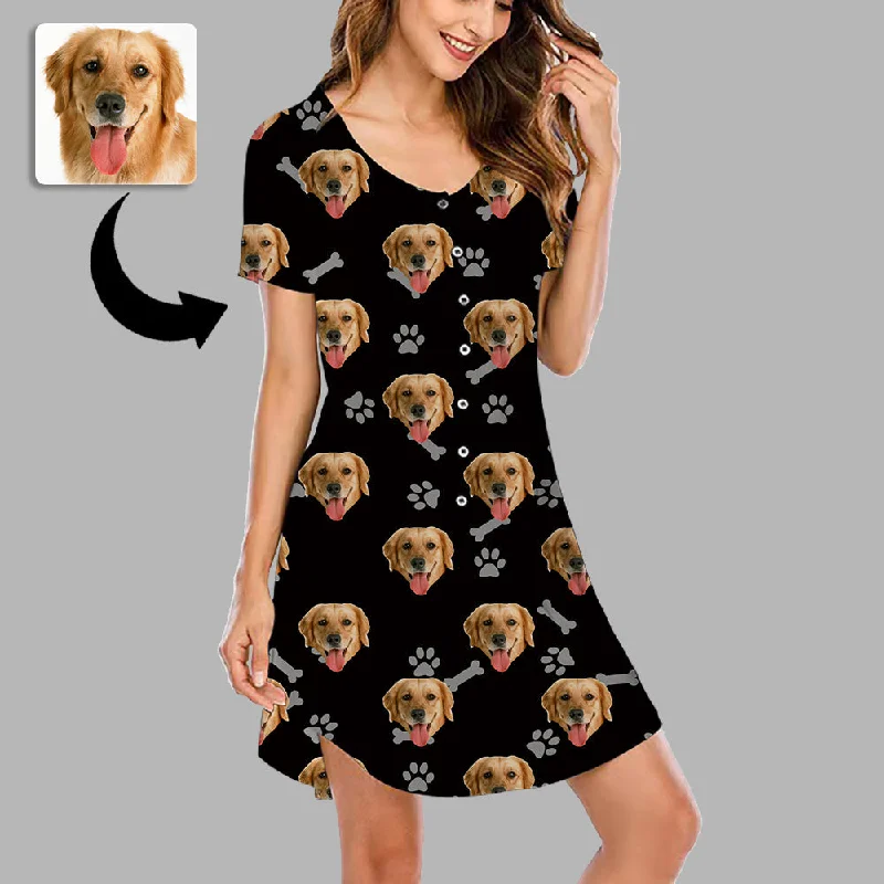 Christmas Gifts Custom Face Nightgown For Women Photo Sleepwear Custom Face Pajama Dress Soft Nightshirt Sleeveless Dog Footprint Gift For Pet Lover