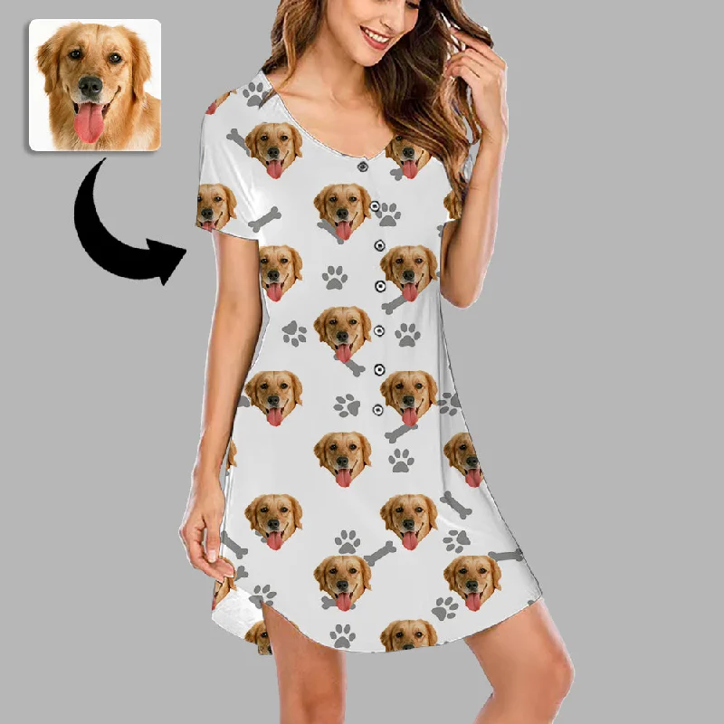 Christmas Gifts Custom Face Nightgown For Women Photo Sleepwear Custom Face Pajama Dress Soft Nightshirt Sleeveless Dog Footprint