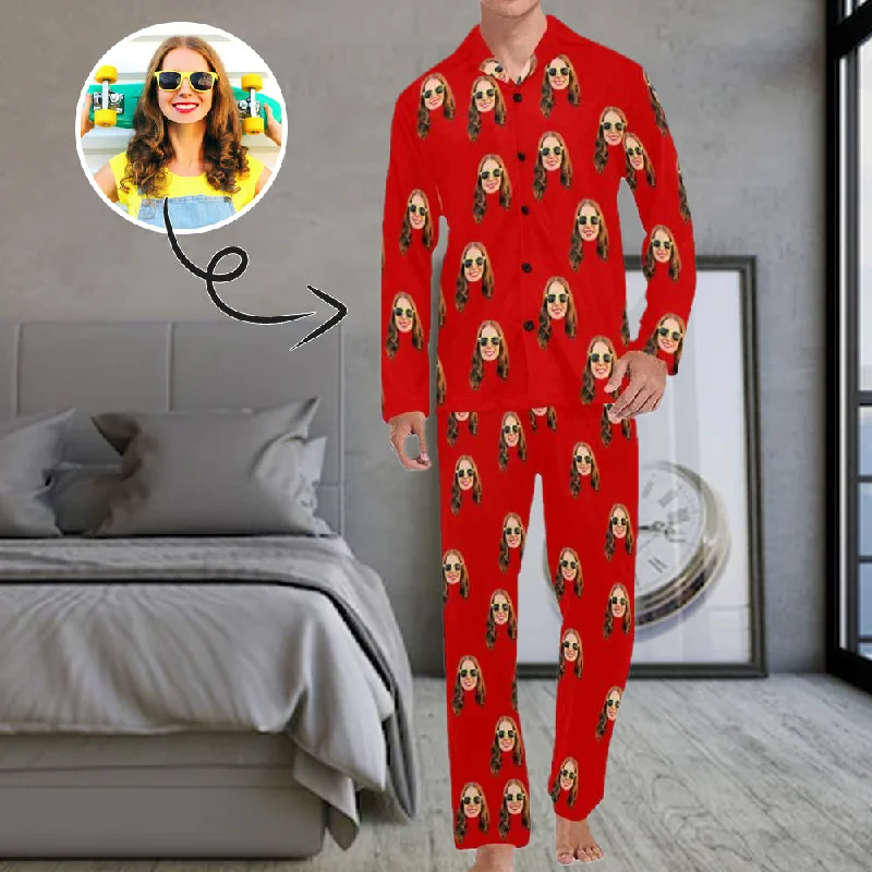 Persoanlized Sleepwear Custom Face Red Men's Long Pajama Set