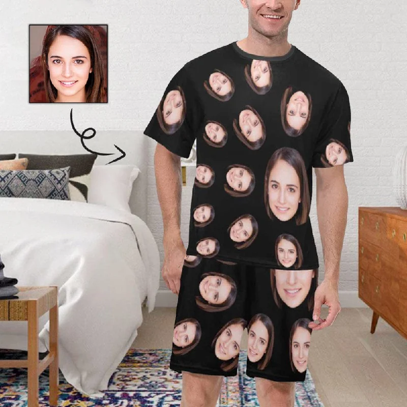 Personalized Pajamas Black with Girlfriend Face Men's Sleepwear Custom Men's Crew Neck Short Sleeve Pajama Set