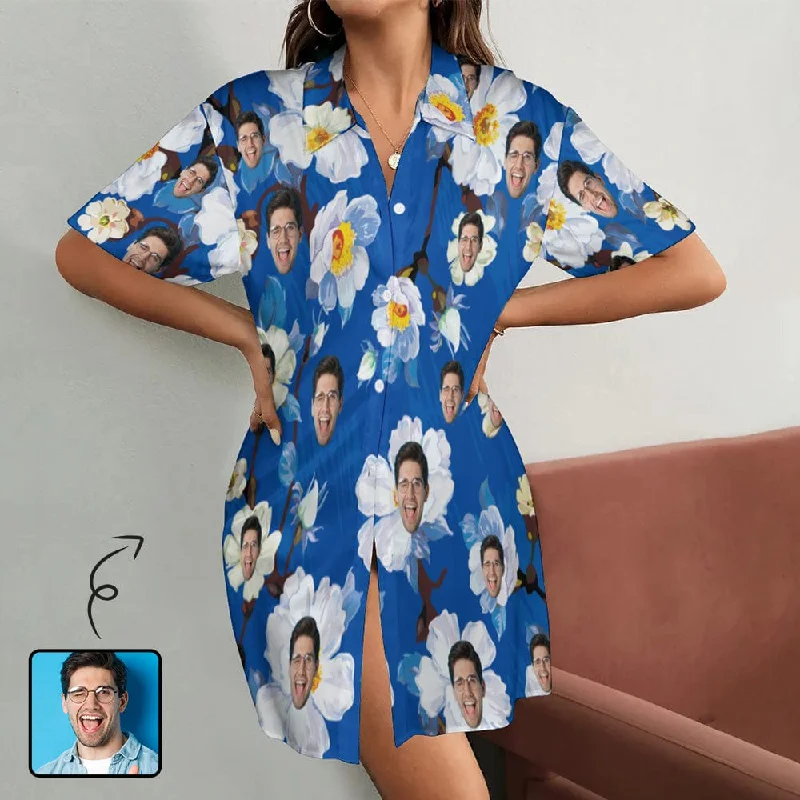 Personalized Women's Satin Nightgown Custom Face Flower Blue Silk Nightshirt Button Down Sleepshirt