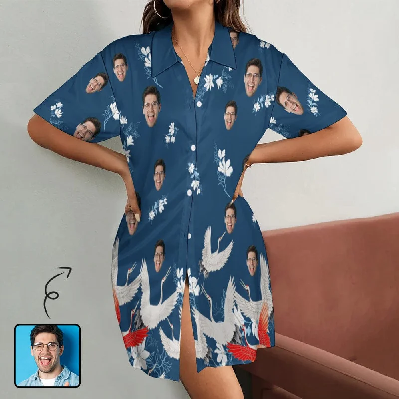 Personalized Women's Satin Nightgown Custom Face Red-Crowned Crane Blue Silk Nightshirt Button Down Sleepshirt